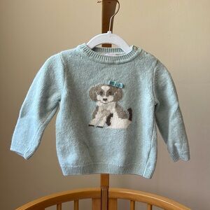 Trotters ice green merino wool and cashmere sweater with dog, size 18-24m